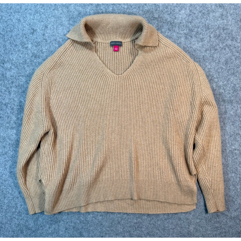 Vince Camuto Womens Camel Tan Ribbed Knit Polo Collar V-Neck Sweater‎ Size L